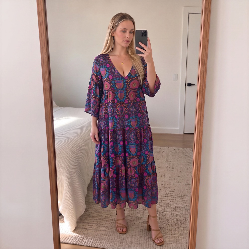 Natural Life Floral Maxi Dress M Tiered V Neck Rayon Boho Hippie Cottage Prairie